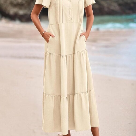 Summer Maxi Dresses for Women 2025 Spring Fashion Short Sleeve Button V Neck Ple - Picture 5 of 8
